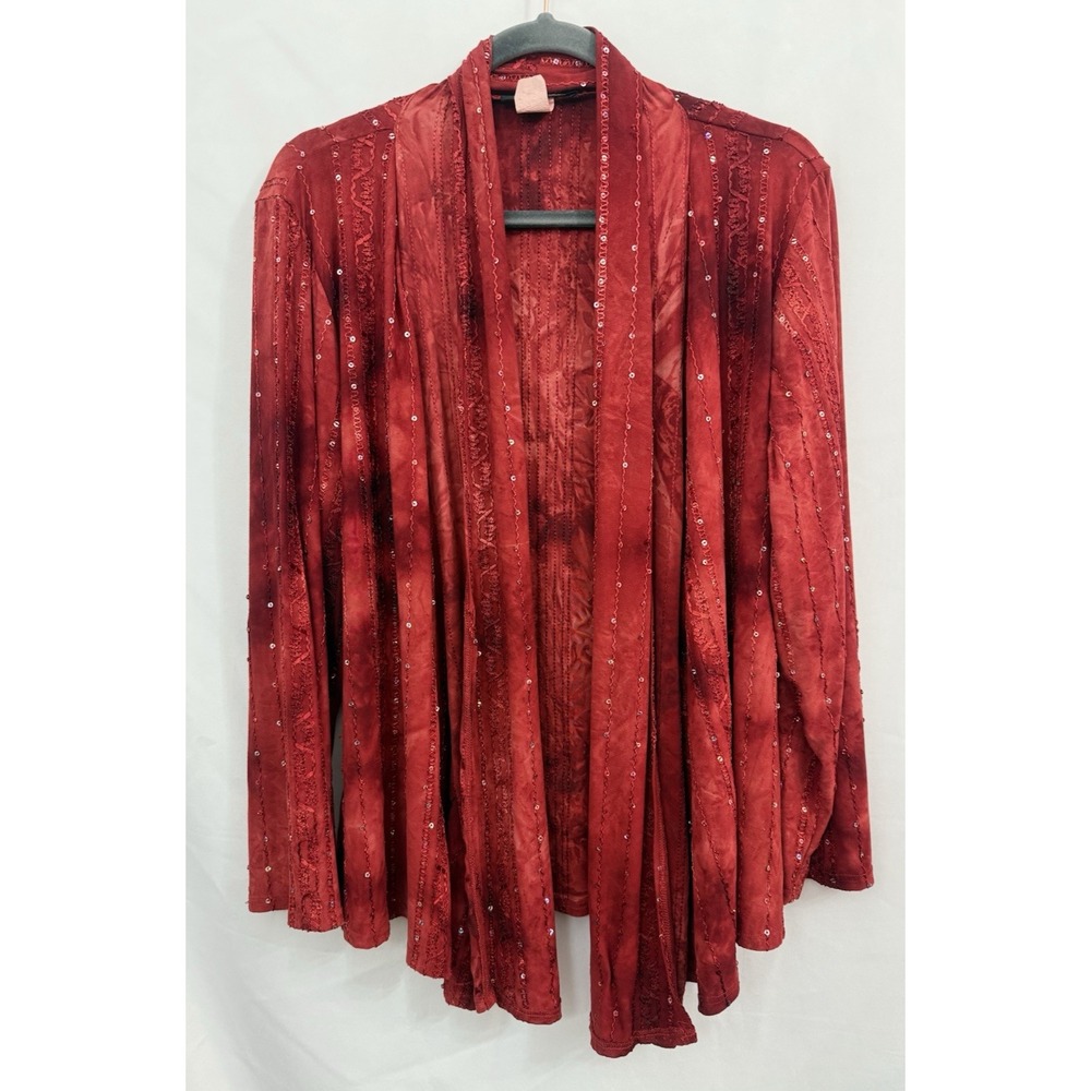 VTG Only Nine Red Tie Dye Sequin‎ Embroidered Flowy Open Cardigan Size 2X Boho